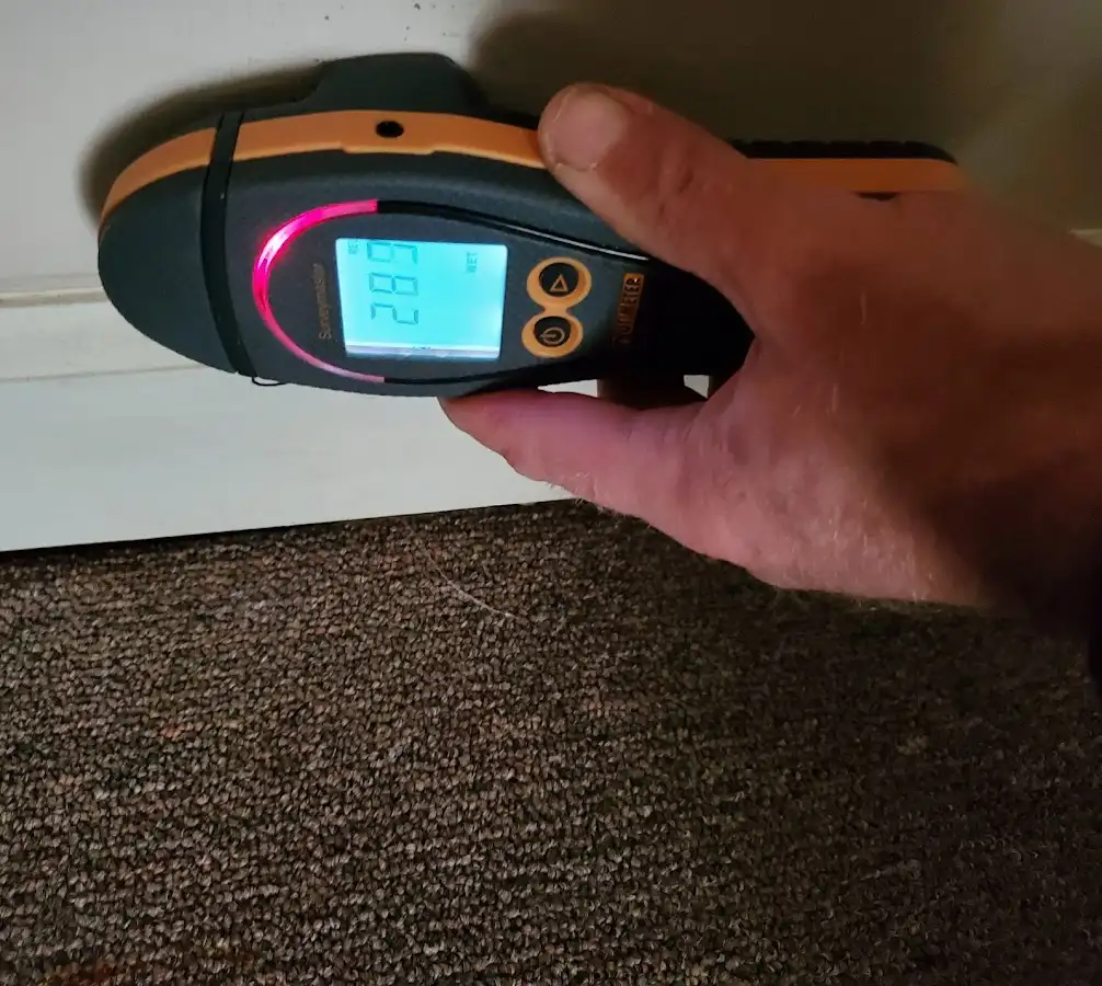 Moisture detection at baseboard during Storm Damage Restoration in Delta